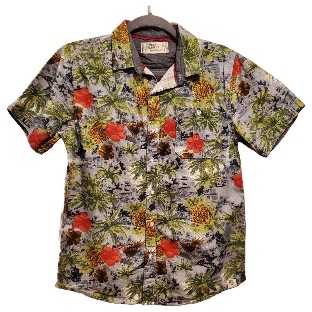 Free Planet Tropical Gray Green Short Sleeve Button Down Shirt Size Large 14/16